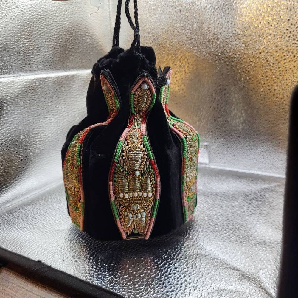 Unique Bohemian Velvet Bucket Bag with Cambodian Beadwork
